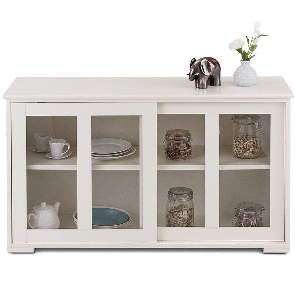 Modern Cream White Wood Buffet Sideboard Cabinet with Glass Sliding Door - Free Shipping