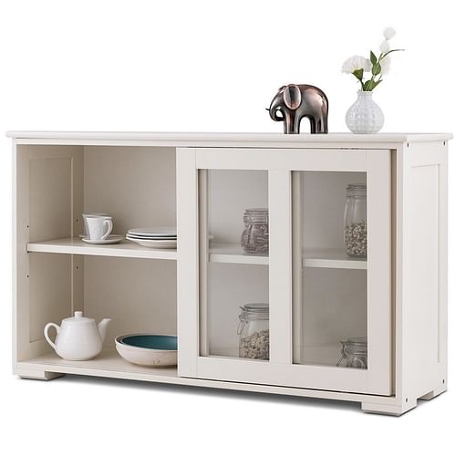Modern Cream White Wood Buffet Sideboard Cabinet with Glass Sliding Door - Free Shipping
