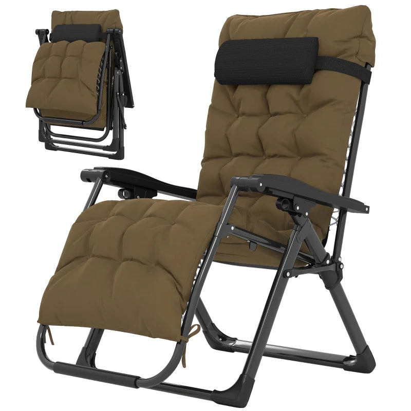 Folding Garden Chair, Reclining Zero Gravity Chair, Sun Lounger with Cushion and Headrest, Khaki