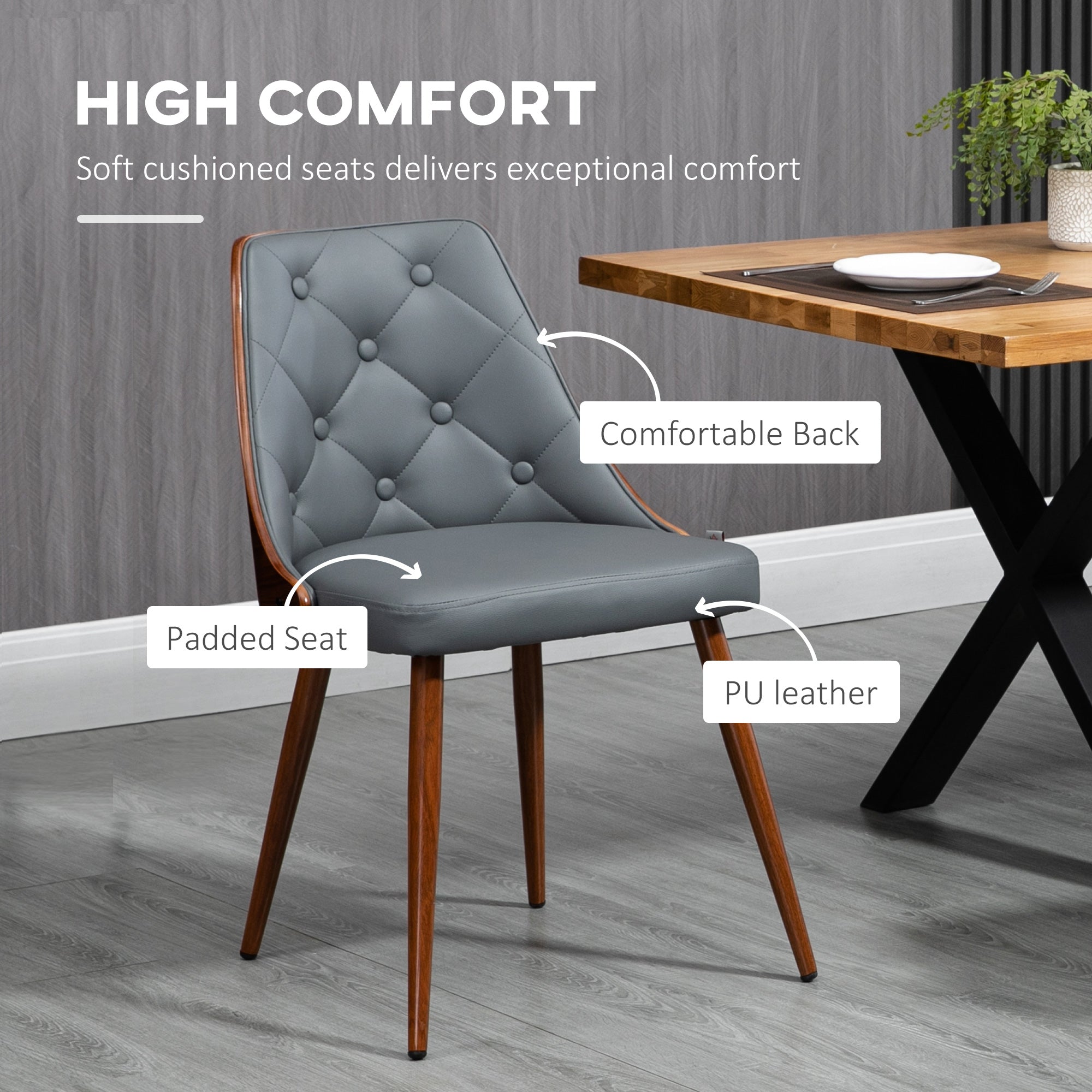 HOMCOM Dining Chair Pair: Modern PU Leather Upholstered, Steel Legs, Side Makeup Chairs, Grey Shade