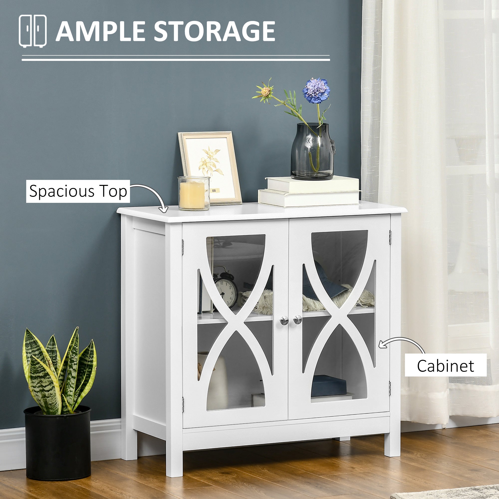 HOMCOM White Glass Door Sideboard: Buffet Cabinet with Accent Cupboard & Adjustable Shelf for Dining & Living Rooms