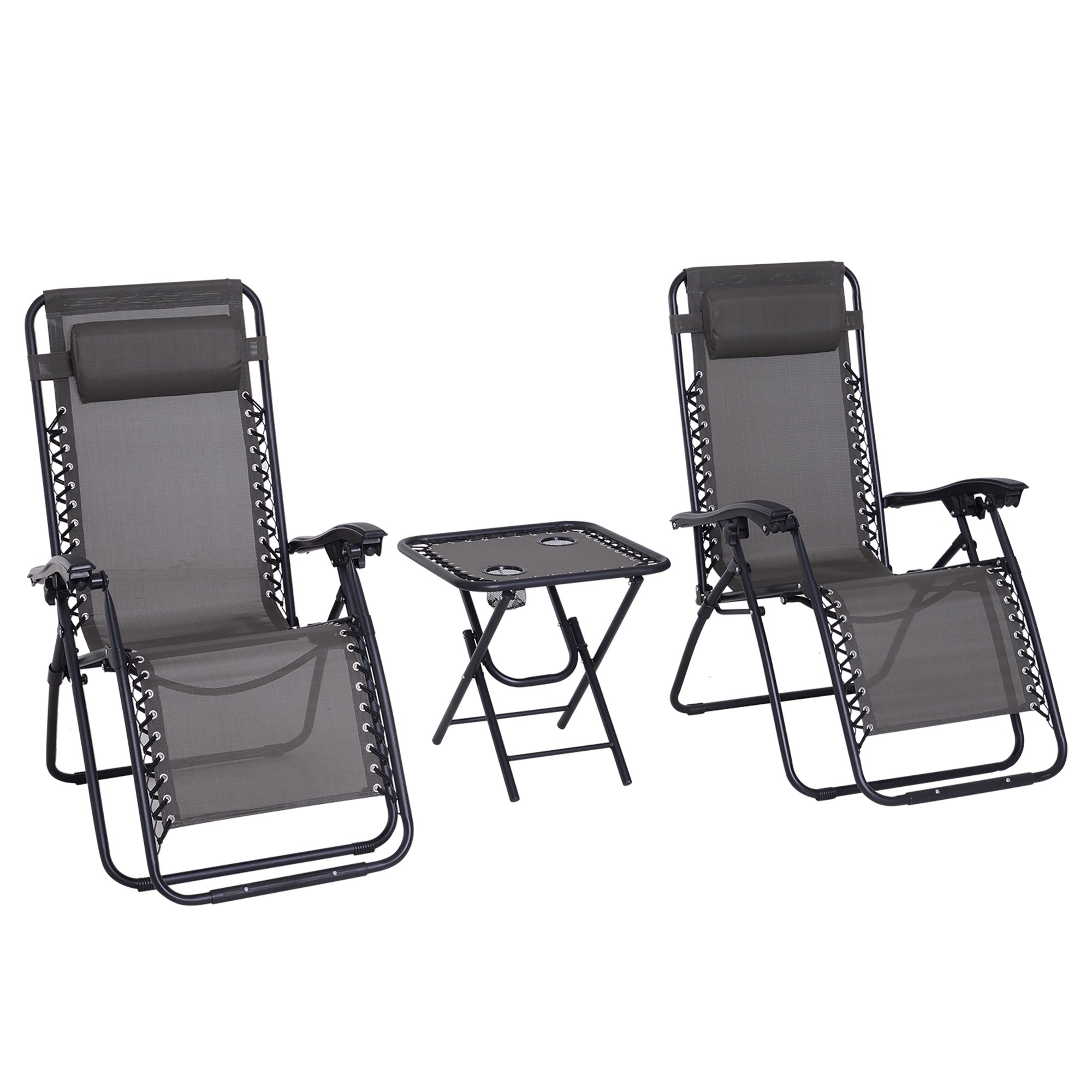 Outsunny 3pcs Zero Gravity Lounger Chair Set Patio Chaise Lounge Side Table w Cup Holder Grey