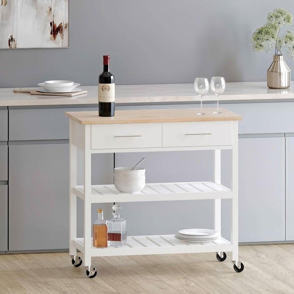 Modern White Kitchen Island Cart with Wood Top 2 Drawers and 2 Bottom Shelves - Free Shipping