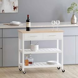 Modern White Kitchen Island Cart with Wood Top 2 Drawers and 2 Bottom Shelves - Free Shipping