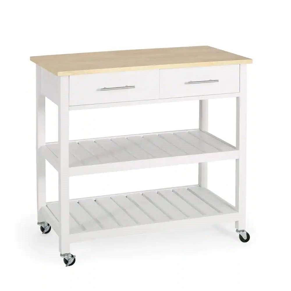 Modern White Kitchen Island Cart with Wood Top 2 Drawers and 2 Bottom Shelves - Free Shipping