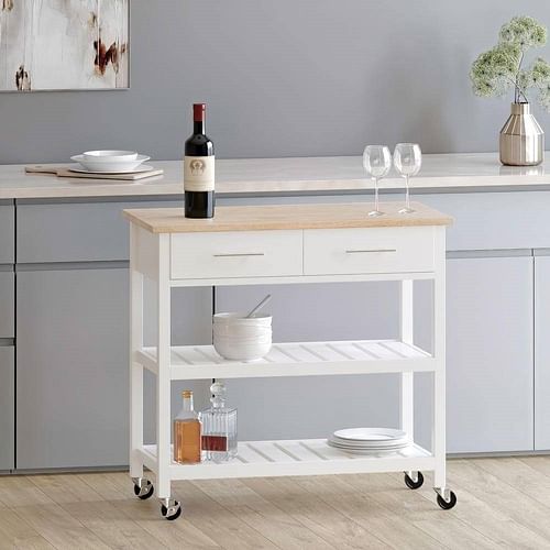 Modern White Kitchen Island Cart with Wood Top 2 Drawers and 2 Bottom Shelves - Free Shipping