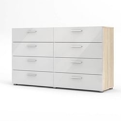 White Modern Bedroom 8-Drawer Double Dresser with Oak Finish Sides and Top - Free Shipping