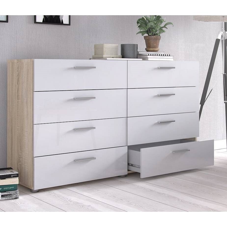 White Modern Bedroom 8-Drawer Double Dresser with Oak Finish Sides and Top - Free Shipping