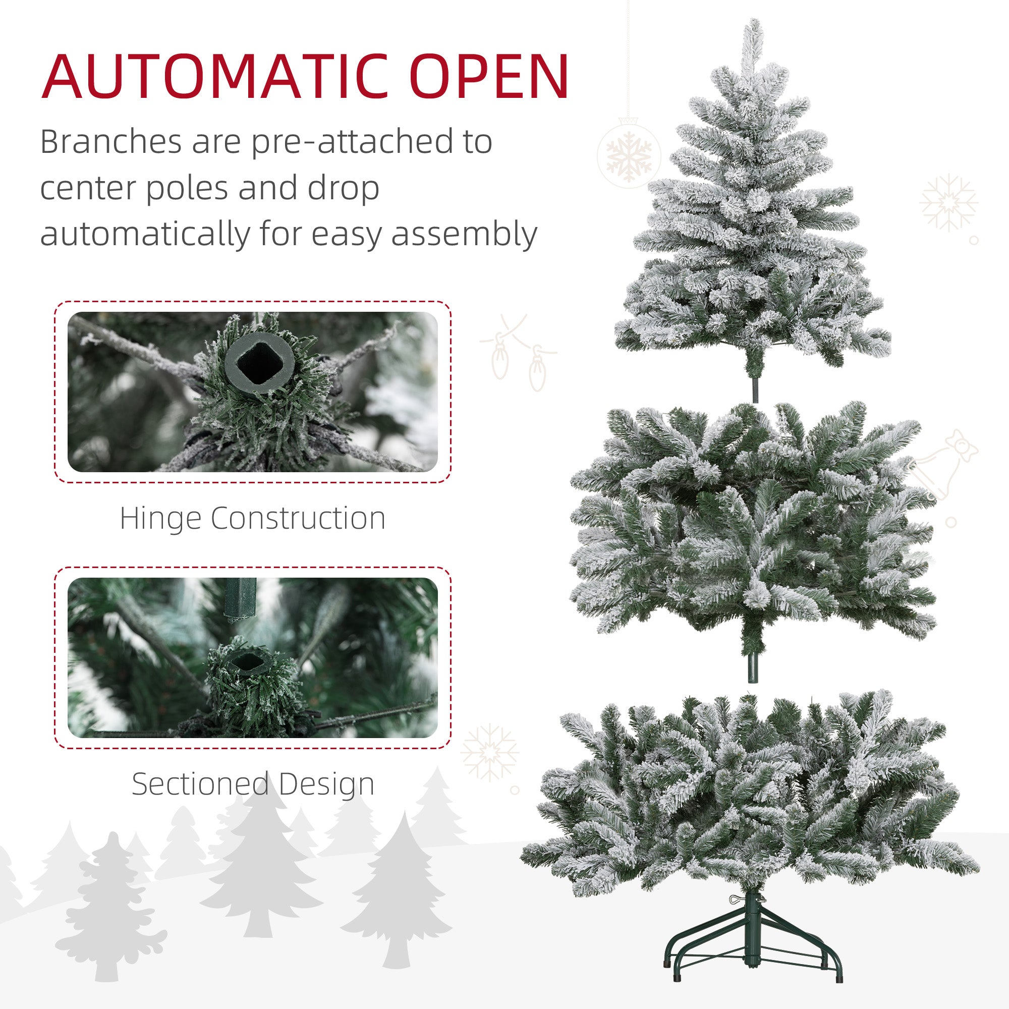 HOMCOM 5 Foot Artificial Flocked Christmas Tree with Snow, Metal Stand, Hinged Xmas Tree for Home Office Holiday