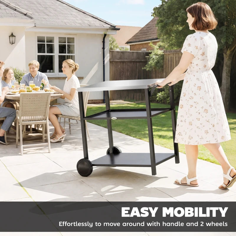 Outdoor Grill Cart with Stainless Steel Tabletop, 3-Tier BBQ Stand, Movable Food Prep Table on Wheels, Black