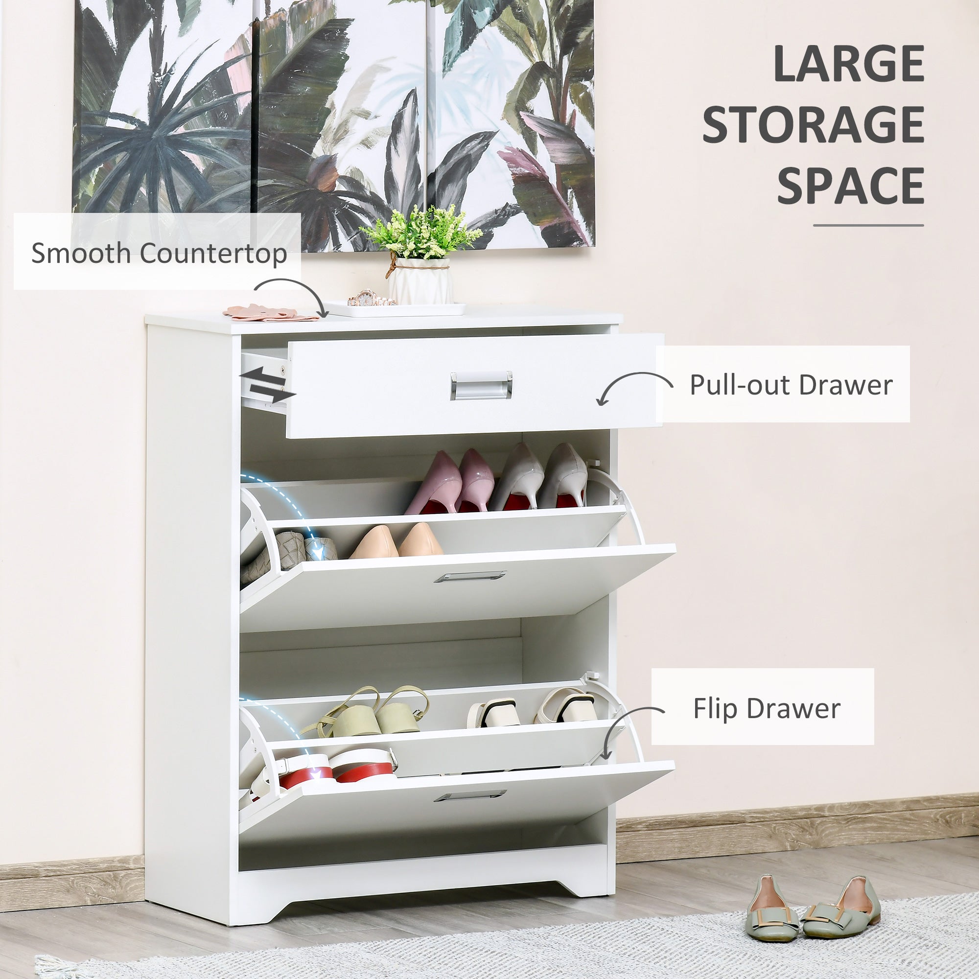 HOMCOM Compact Shoe Sanctuary: Storage Cabinet with Drawer, 2 Flip Doors, Adjustable Shelves for 16 Pairs, White