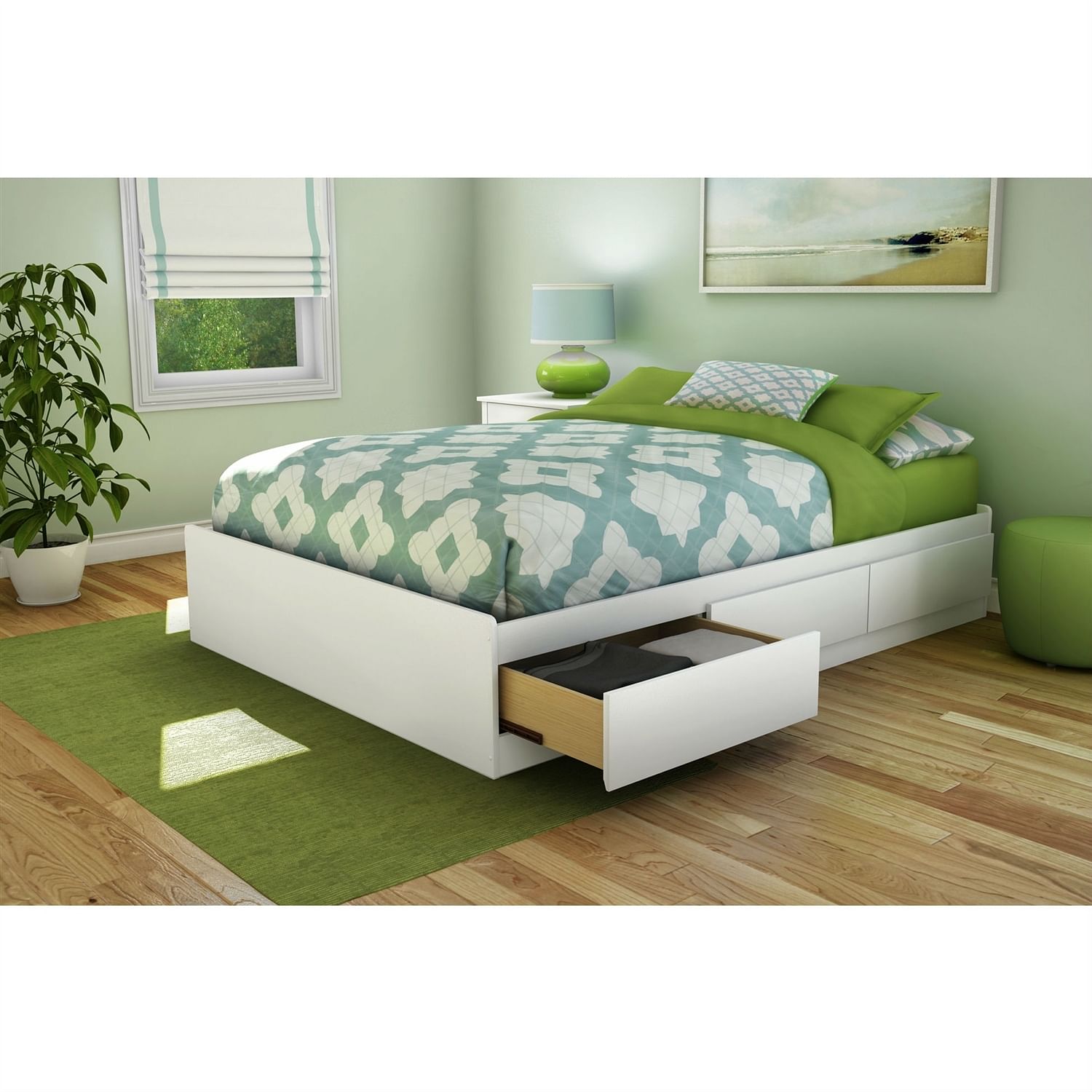 Full size Contemporary Platform Bed with 3 Storage Drawers in White - Free Shipping