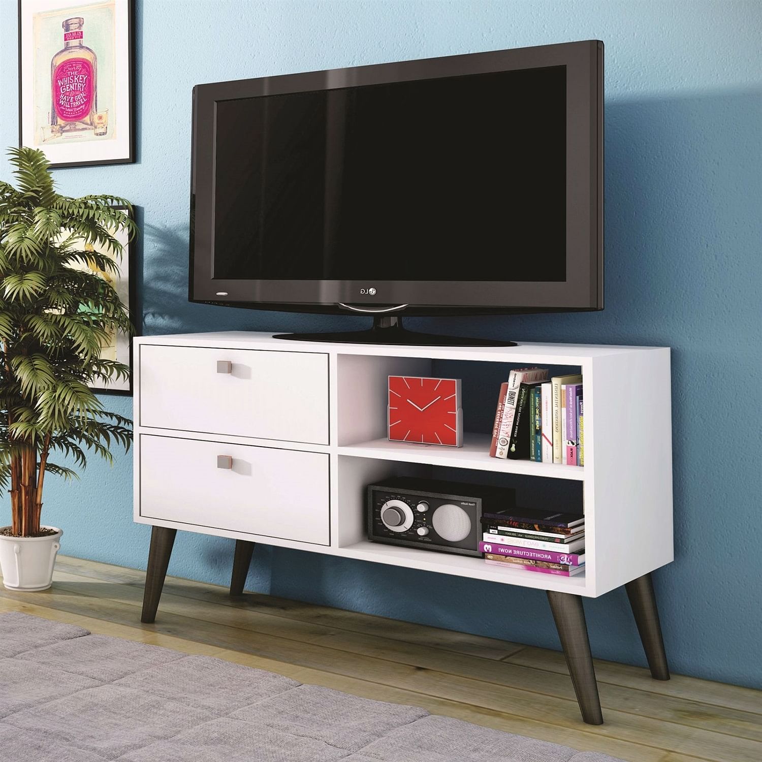 White Grey Wood Modern Classic Mid-Century Style TV Stand Entertainment Center - Free Shipping
