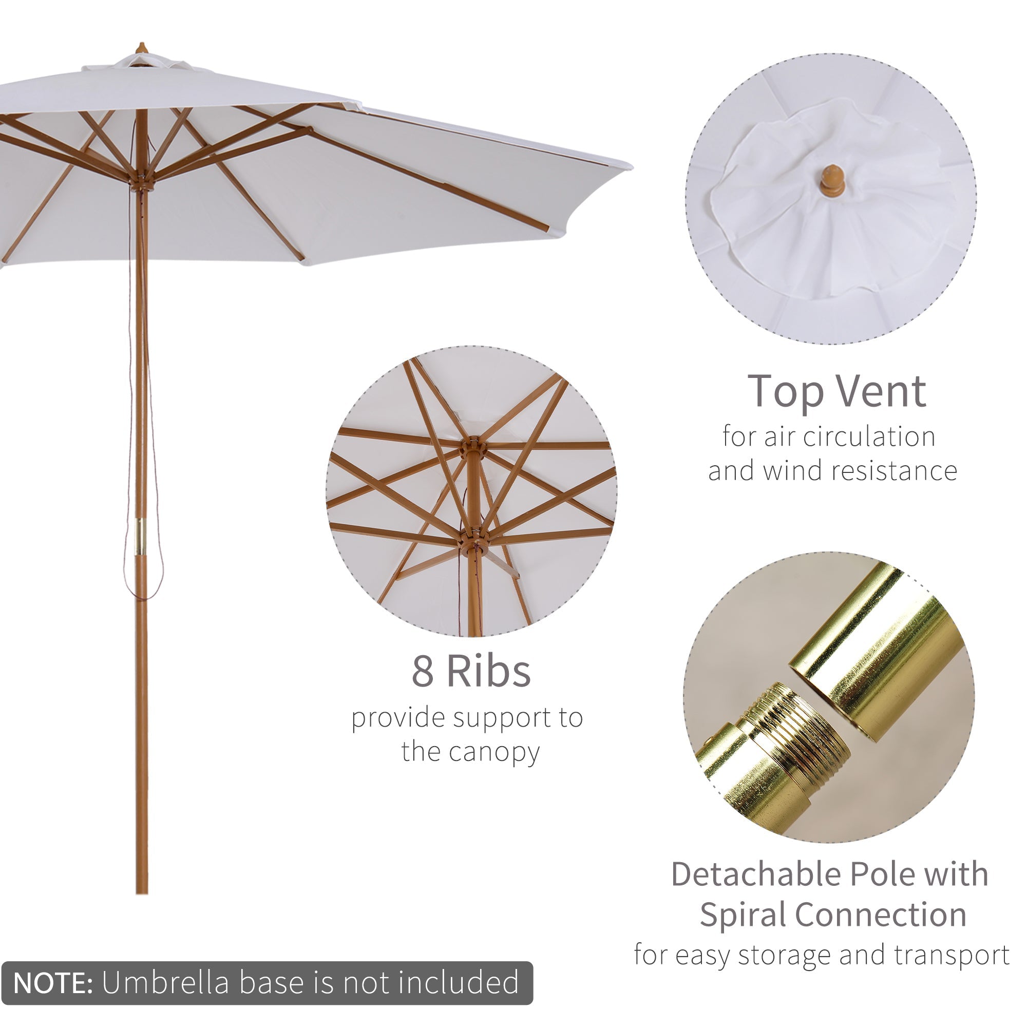 Outsunny 10' x 8.2'H Bamboo Wooden Round Market Patio Sun Umbrella Garden Parasol Outdoor Sunshade Canopy (Cream White)