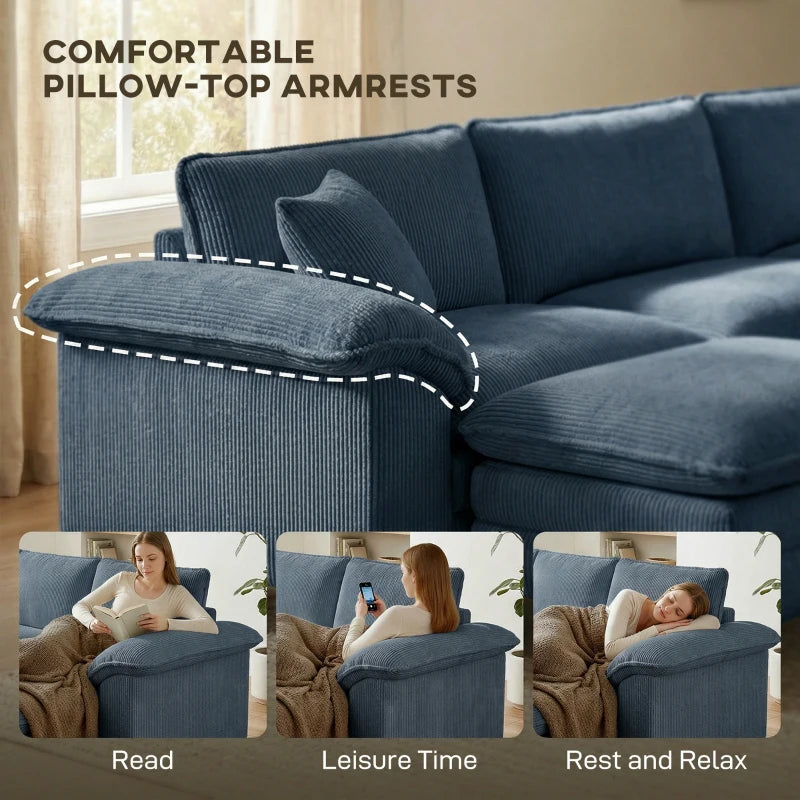 HOMCOM L-Shaped Sectional Sofa with Deep Seats, Movable Ottoman & Pillow-Top Armrests, Contemporary Corduroy Couch – Blue