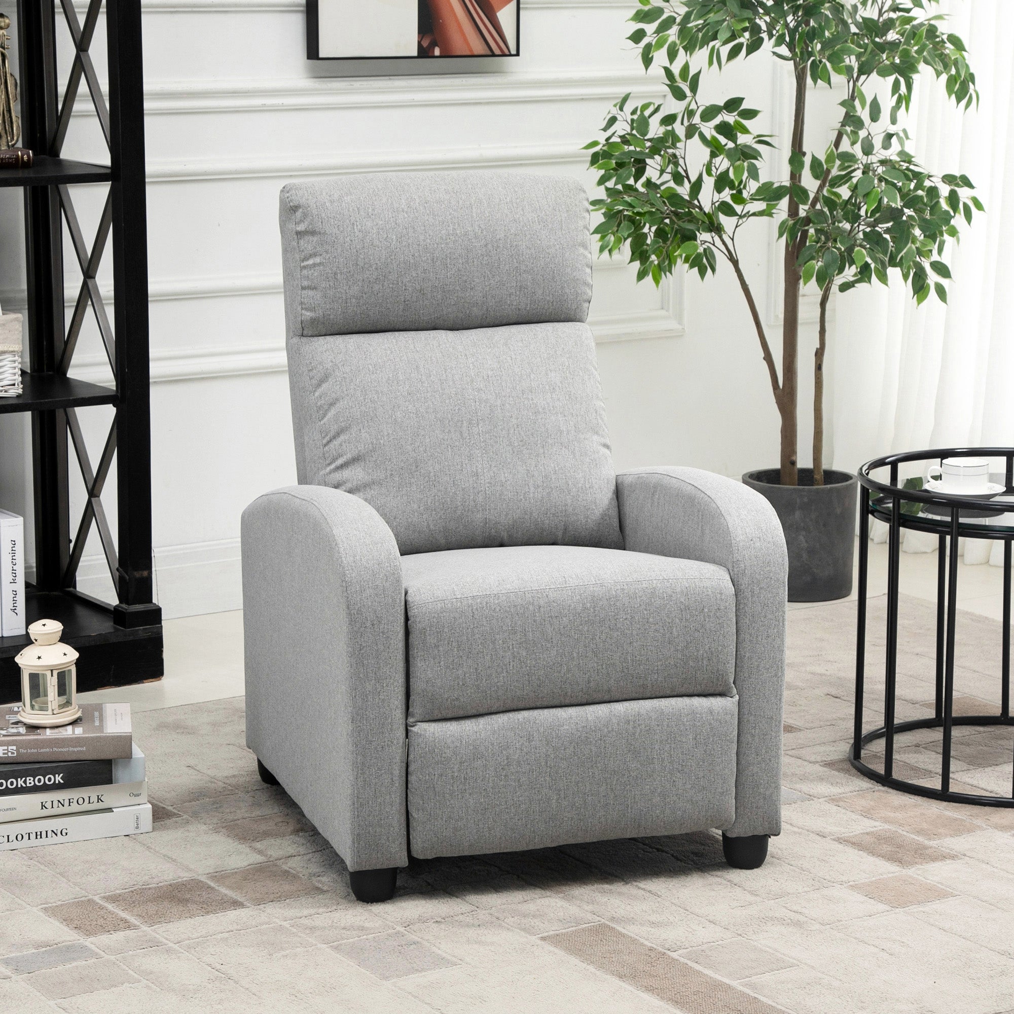 HOMCOM Fabric Recliner Theater Chair: Linen-Touch Single Sofa, Armchair for Living Room, Light Grey