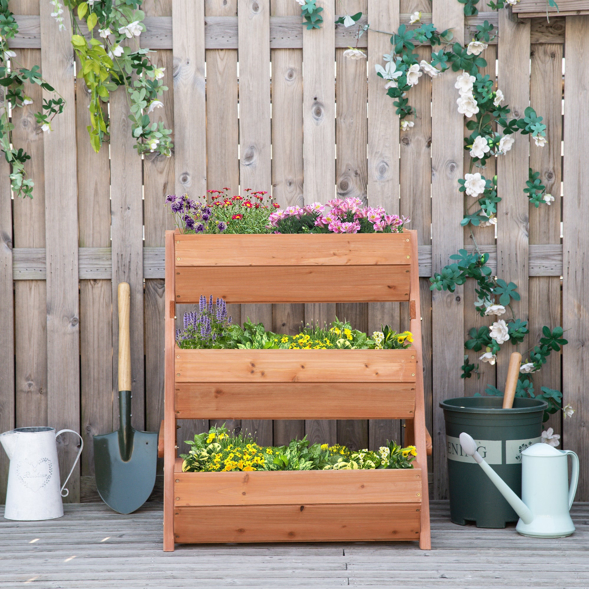 Outsunny 3 Tier Wooden Elevated Garden Bed 26"x30"x30" - Perfect for Growing Flowers, Vegetables, Herbs, Sturdy Design, Brown