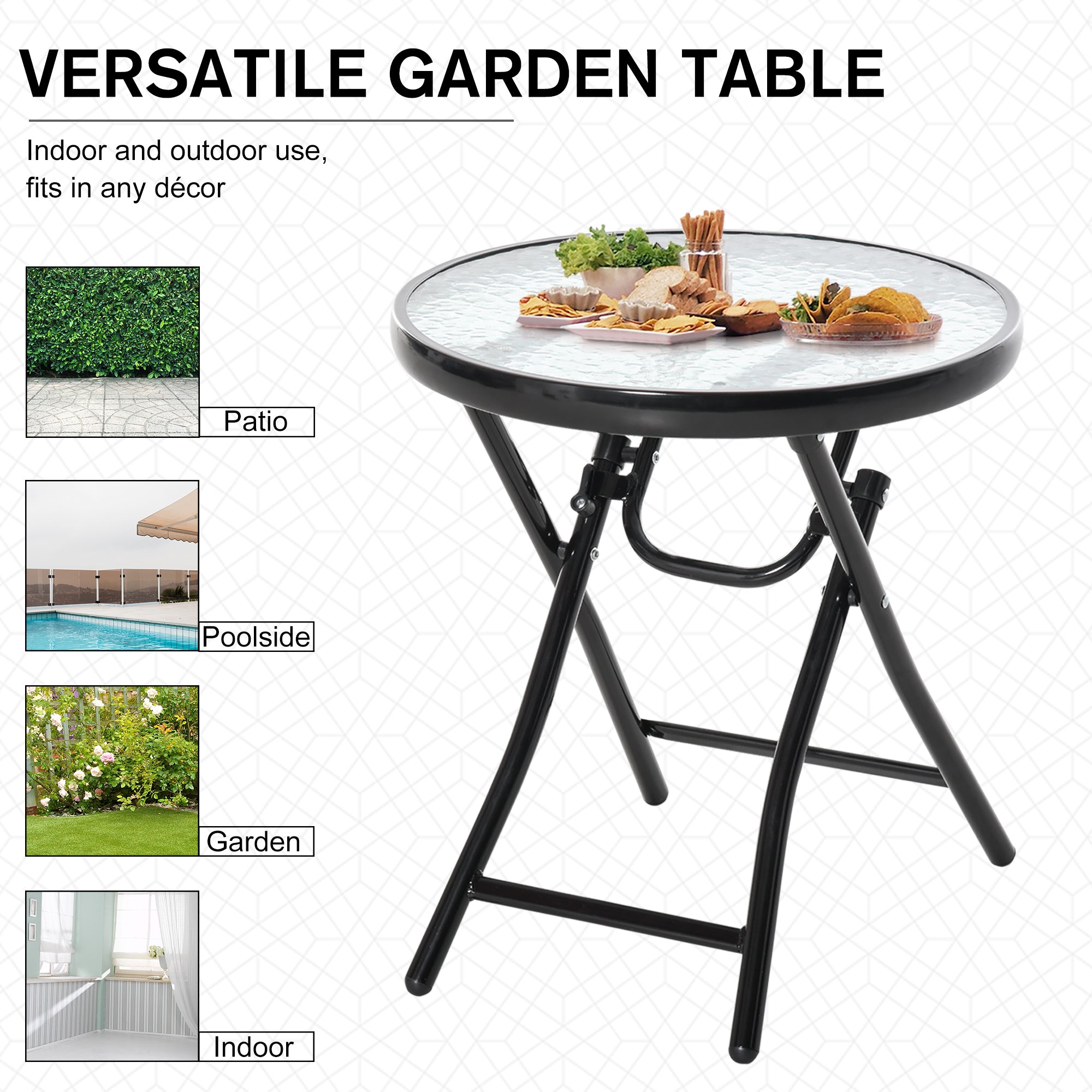 Outsunny Compact Foldable Garden Table Φ17.75" Round Dining Safety Buckle Glass Top Metal Edge Outdoor Furniture