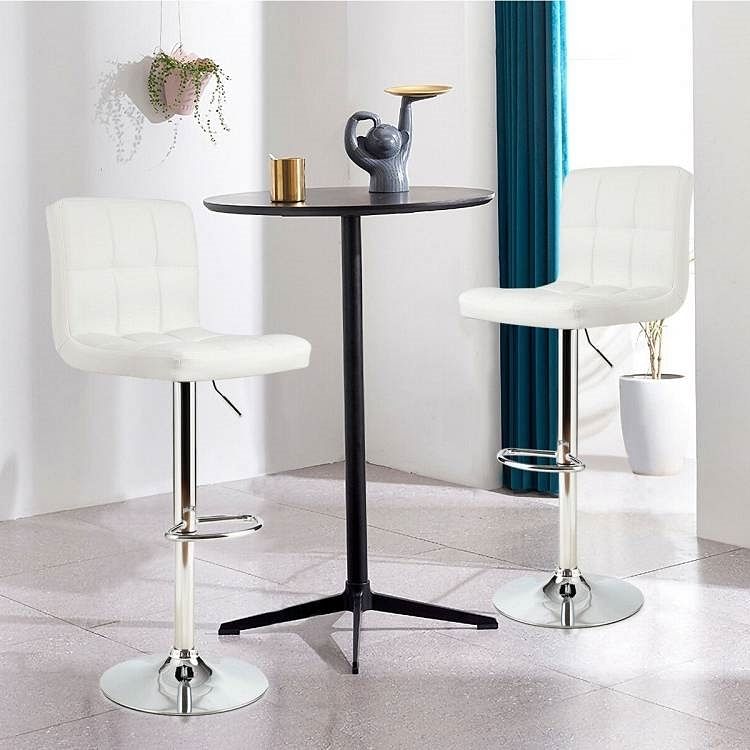 Set of 2 Modern Adjustable Height Bar Stool with White PU Leather Swivel Seat - Free Shipping