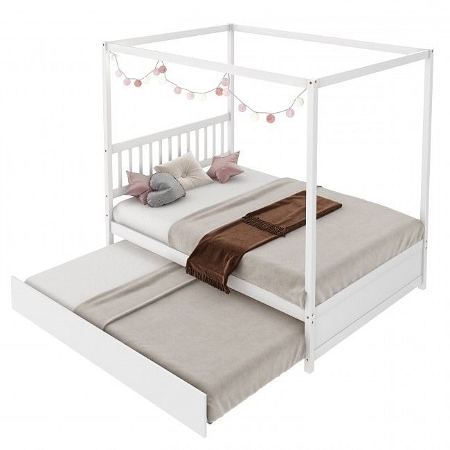 White Full Size Canopy Platform Bed with Twin Roller Trundle Bed - Free Shipping