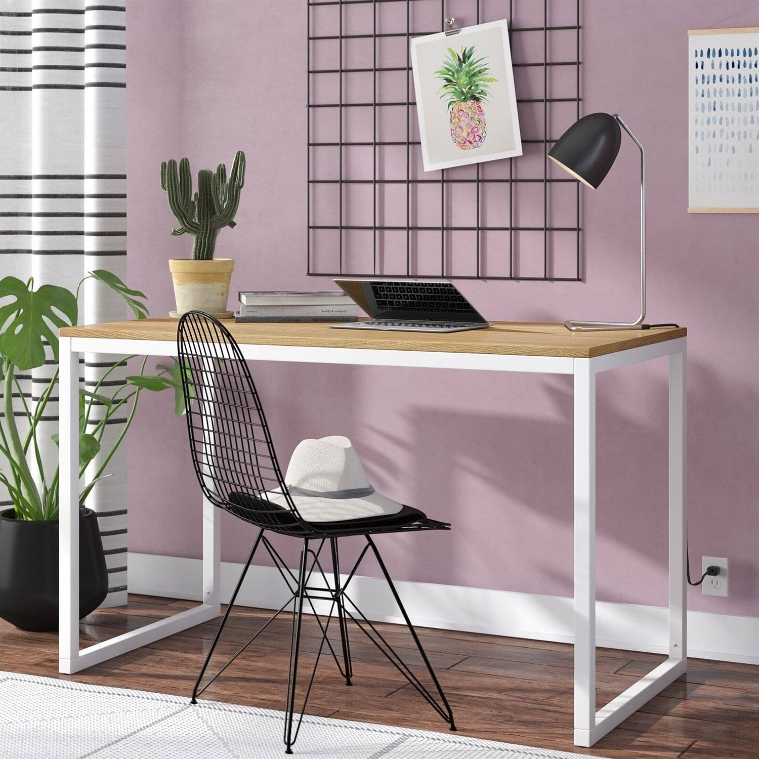 Modern Home Office Desk with White Metal Frame and Wood Table Top - Free Shipping