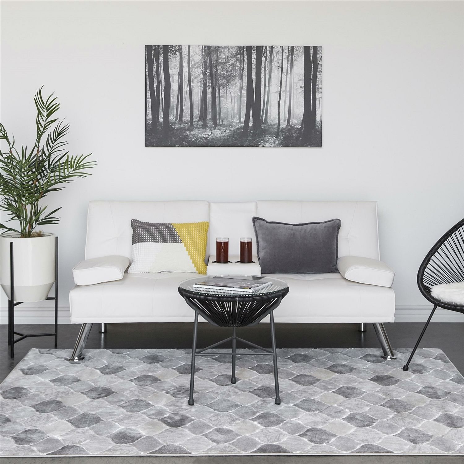 White Faux Leather Convertible Sofa Futon with 2 Cup Holders - Free Shipping