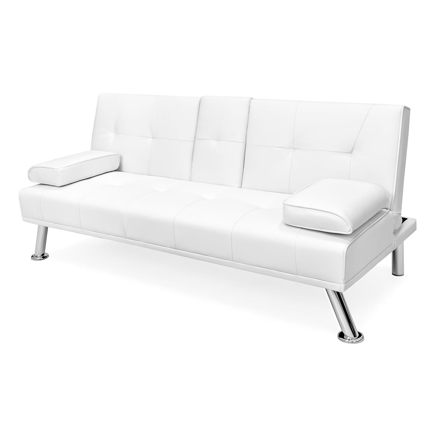 White Faux Leather Convertible Sofa Futon with 2 Cup Holders - Free Shipping