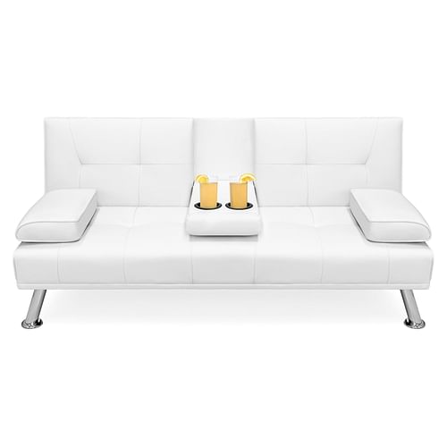 White Faux Leather Convertible Sofa Futon with 2 Cup Holders - Free Shipping