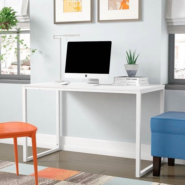 Modern Home Office Desk with White Metal Frame and Wood Top - Free Shipping