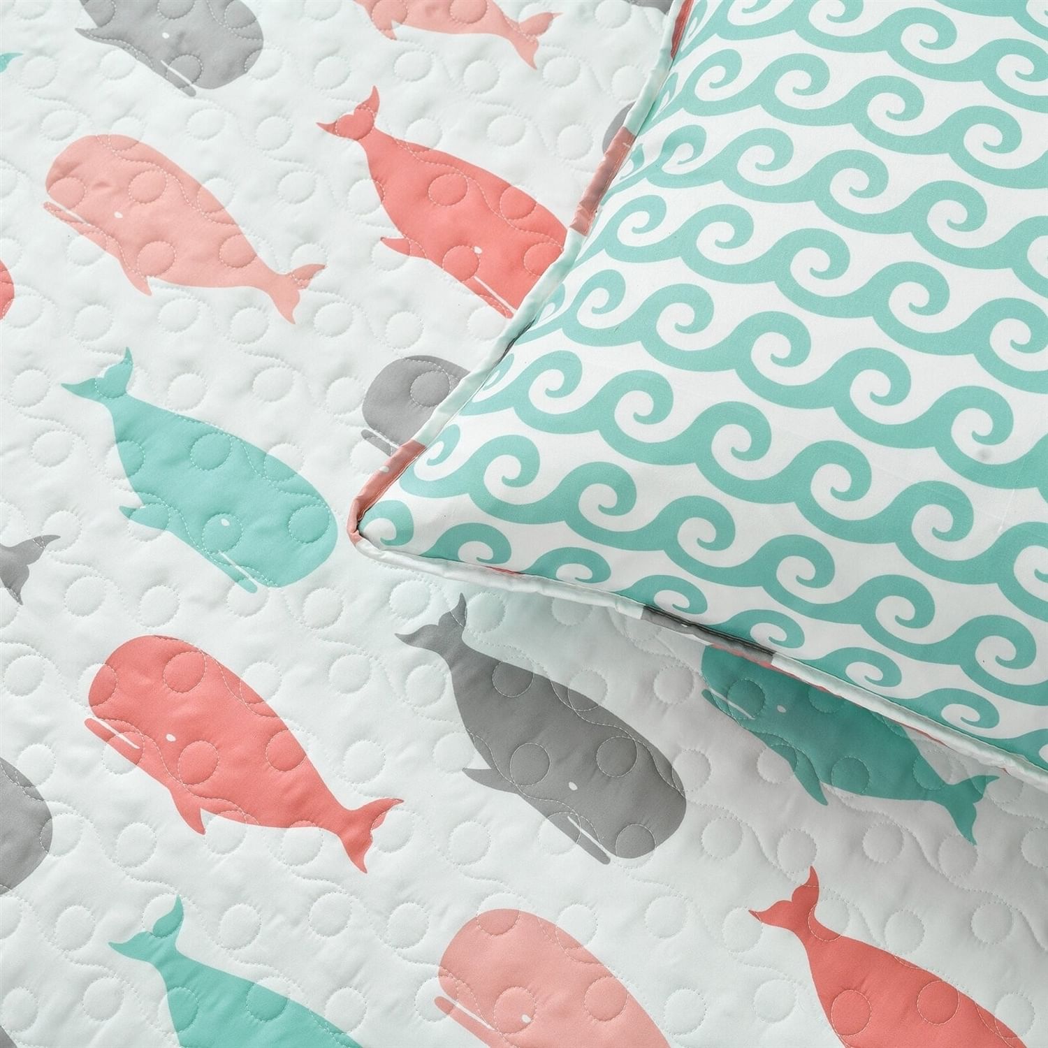 Full/Queen 5 Piece Microfiber Quilt Set in Teal Pink Aqua Waves Whale Pattern - Free Shipping