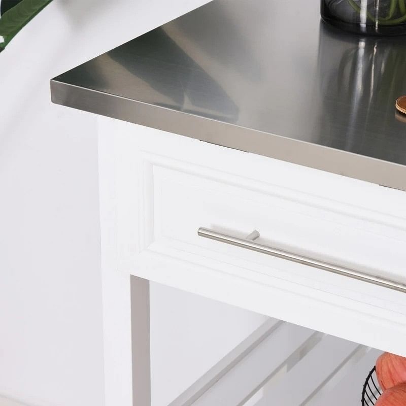 White Rolling Kitchen Island 2 Drawers Storage with Stainless Steel Top - Free Shipping