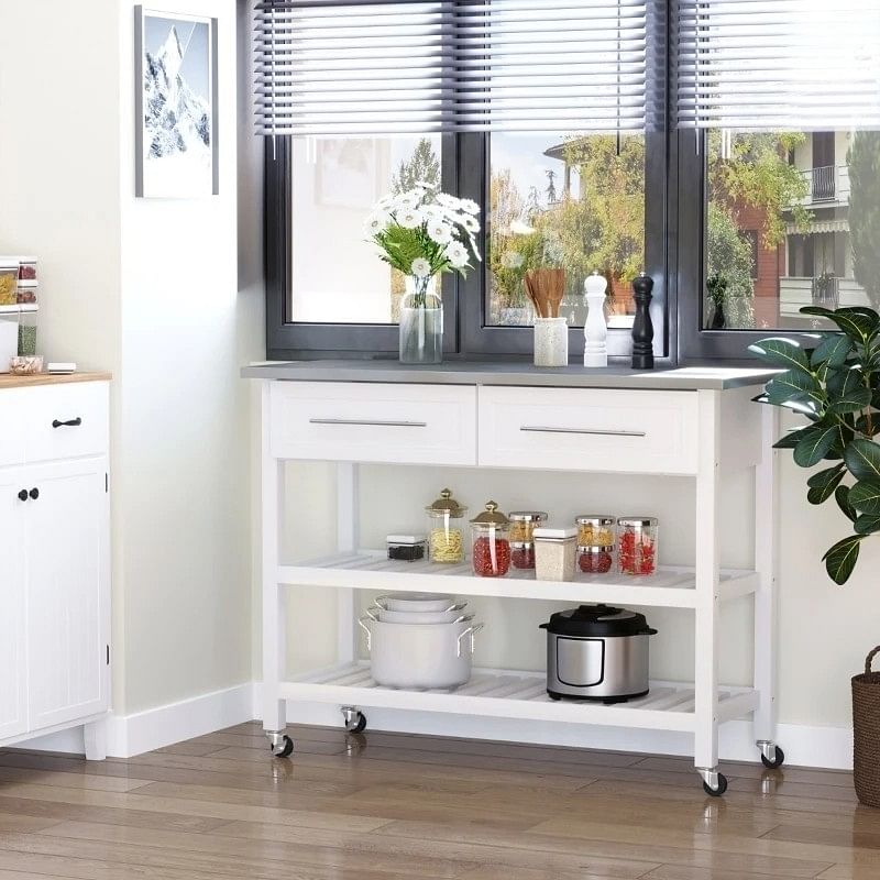 White Rolling Kitchen Island 2 Drawers Storage with Stainless Steel Top - Free Shipping
