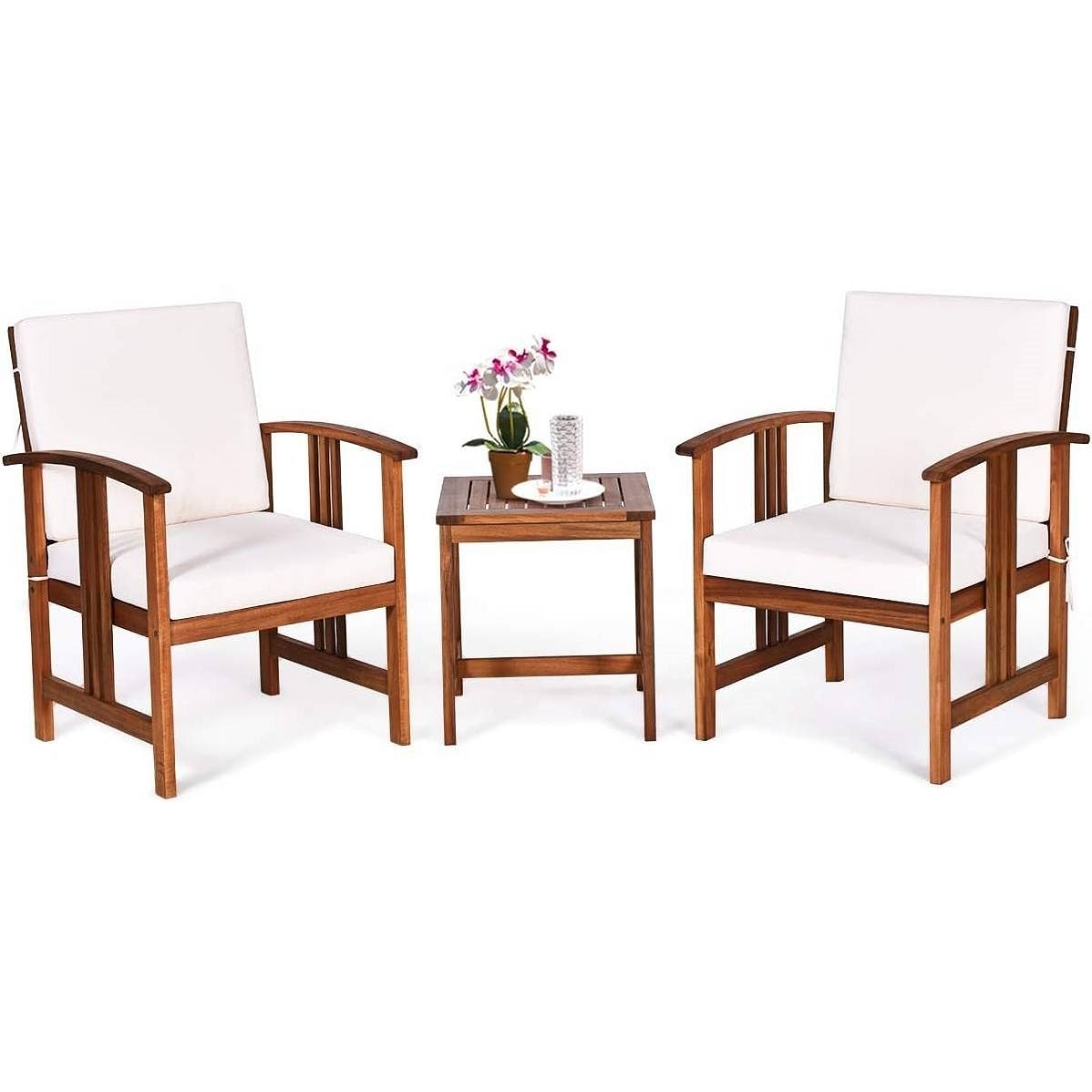 3-Piece Solid Wood Outdoor Patio Furniture Table Chairs Set with White Cushions - Free Shipping