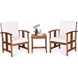 3-Piece Solid Wood Outdoor Patio Furniture Table Chairs Set with White Cushions - Free Shipping