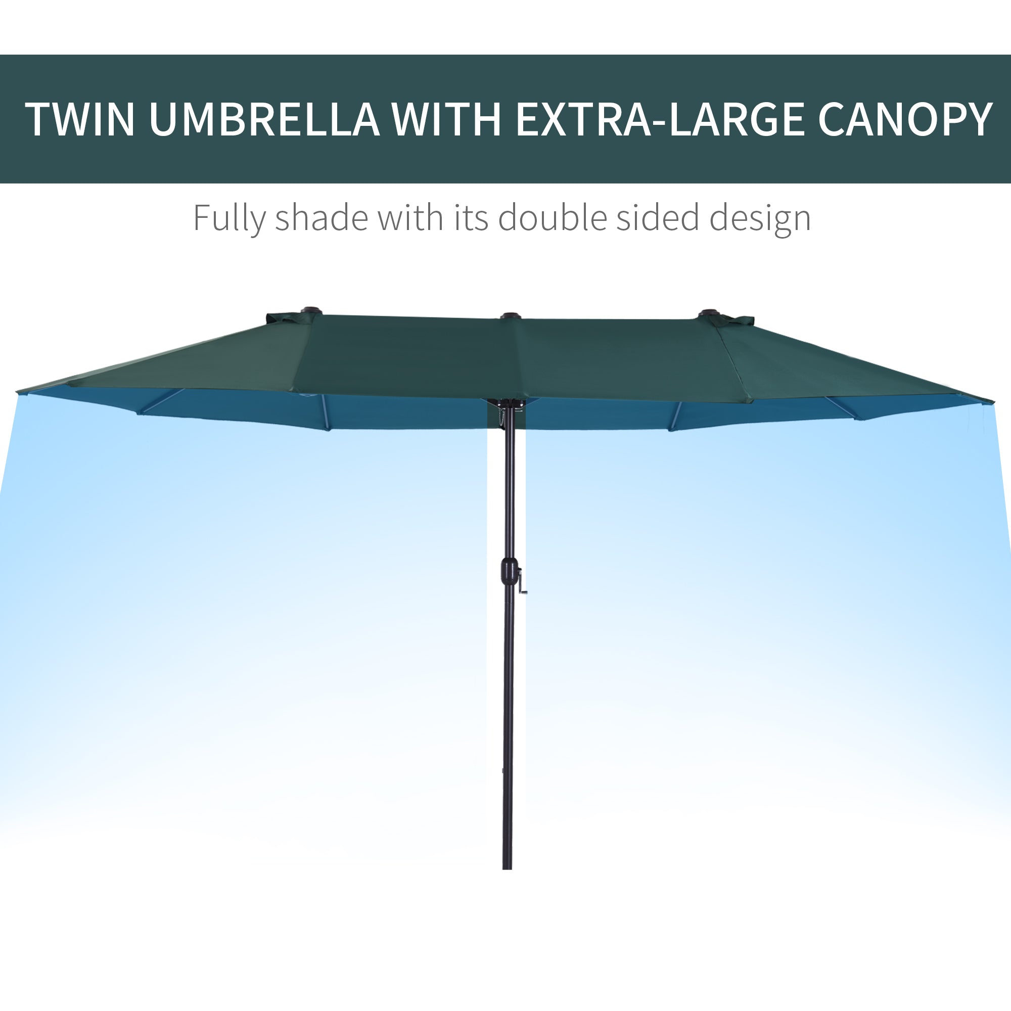 Outsunny 15' Outdoor Patio Umbrella with Twin Canopy Sunshade Steel Table Umbrella with Lift Crank Dark Green