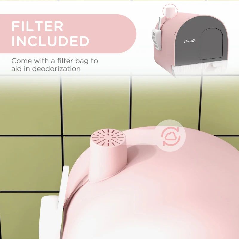 Cat Litter Box with Lid, Removable Tray, Scoop, Filter, Pink