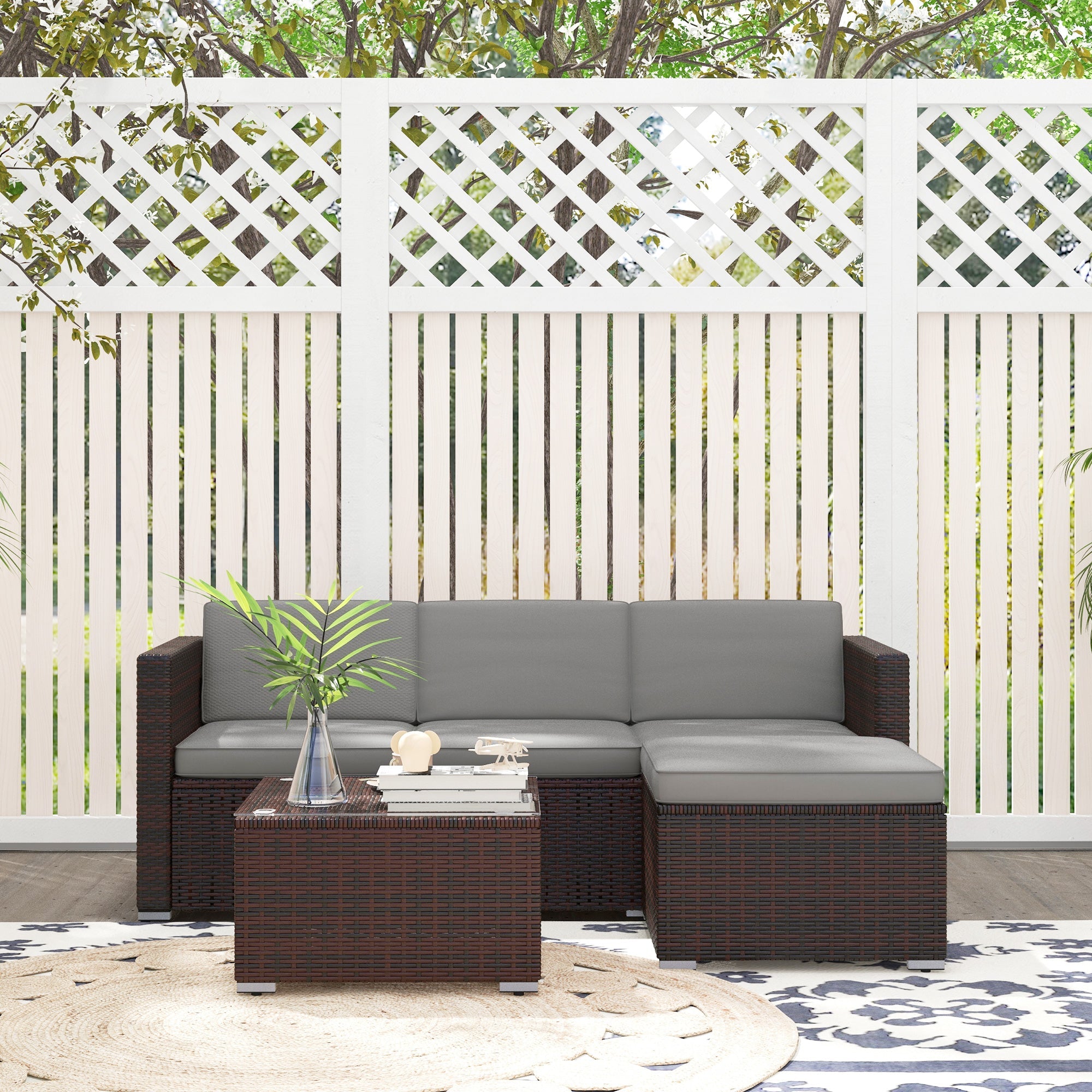 Outsunny 3-Piece Patio Dining Sets, Rattan Wicker with Glass Table & Plush Cushions for Garden & Backyard, Grey