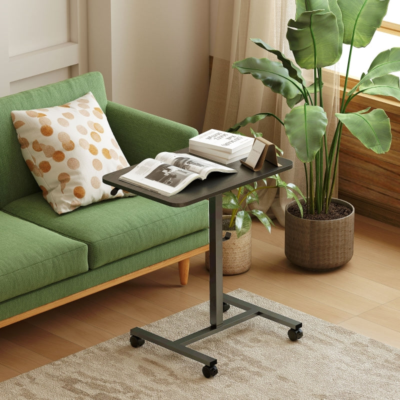 Height Adjustable Standing Desk, Pneumatic Sit Stand Desk with Wheels and Headphone Hook, Black Wood Grain
