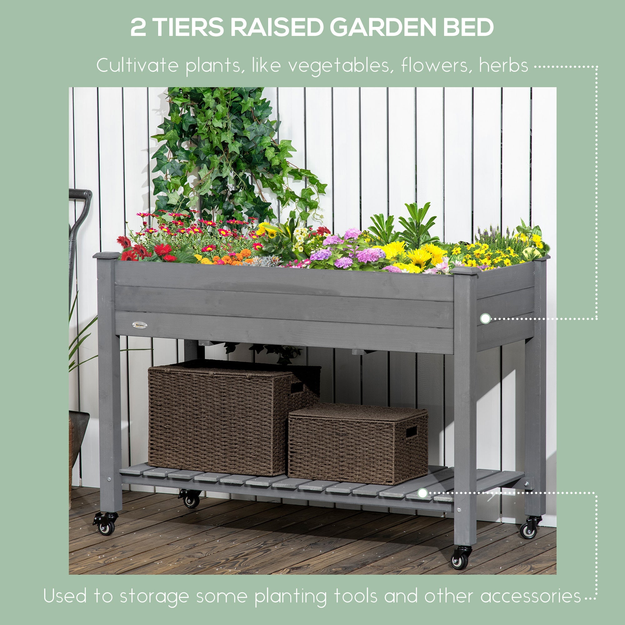 Outsunny Elevated Mobile Garden Bed - Dark Grey Wood Planter Box with Lockable Wheels & Storage Shelf for Herbs & Vegetables
