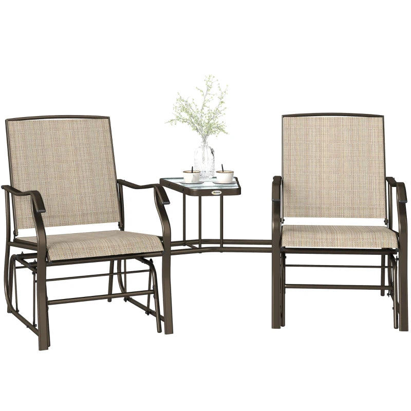 Double Patio Glider Chair with Glass Top Center Table, Outdoor Glider Loveseat with High Back, All Weather Breathable Mesh Fabric for Garden, Backyard, Deck, Light Brown