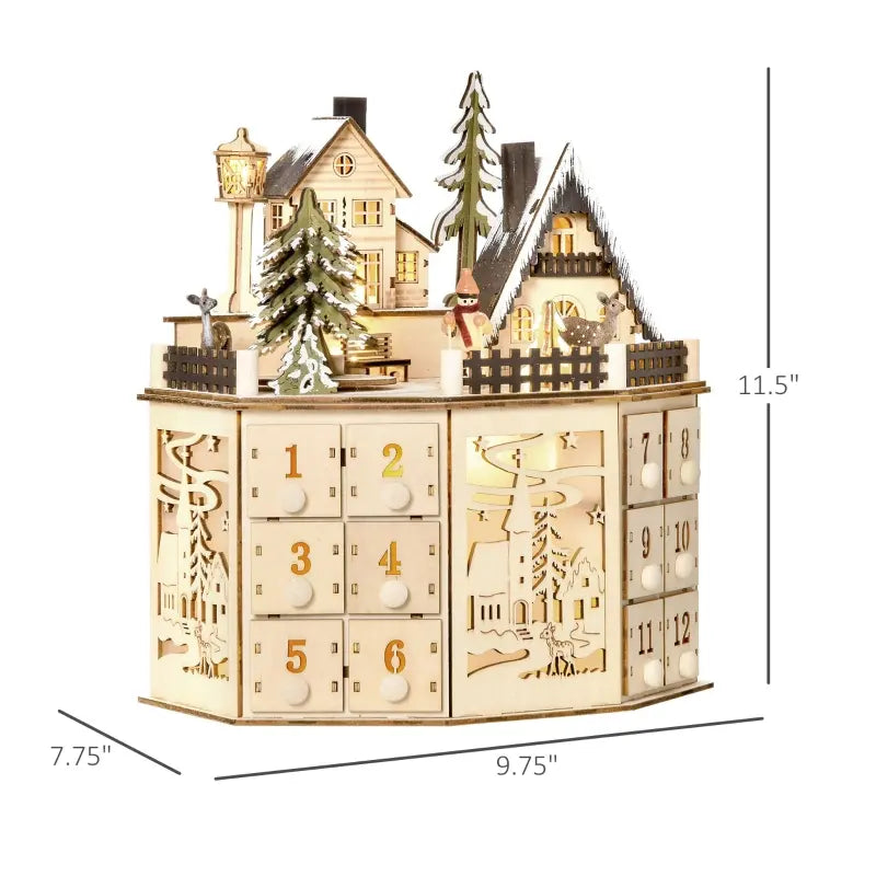 HOMCOM Christmas Advent Calendar, Light Up Table Xmas Wooden Holiday Decoration with Countdown Drawers and Village, for Kids and Adults, Natural