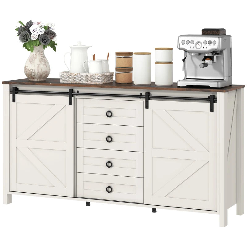 60" Buffet Cabinet, Farmhouse Sideboard with Sliding Barn Doors, Drawers and Adjustable Shelves, Cream White