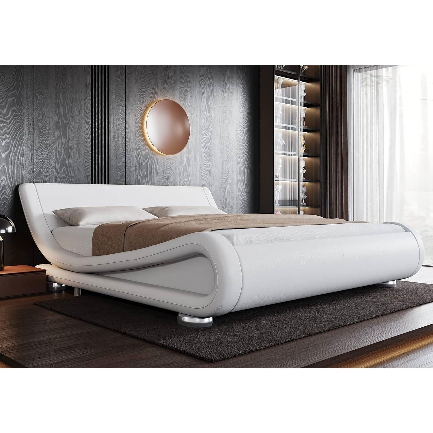 King Modern White Upholstered Platform Bed Frame with Sleigh Curved Headboard - Free Shipping