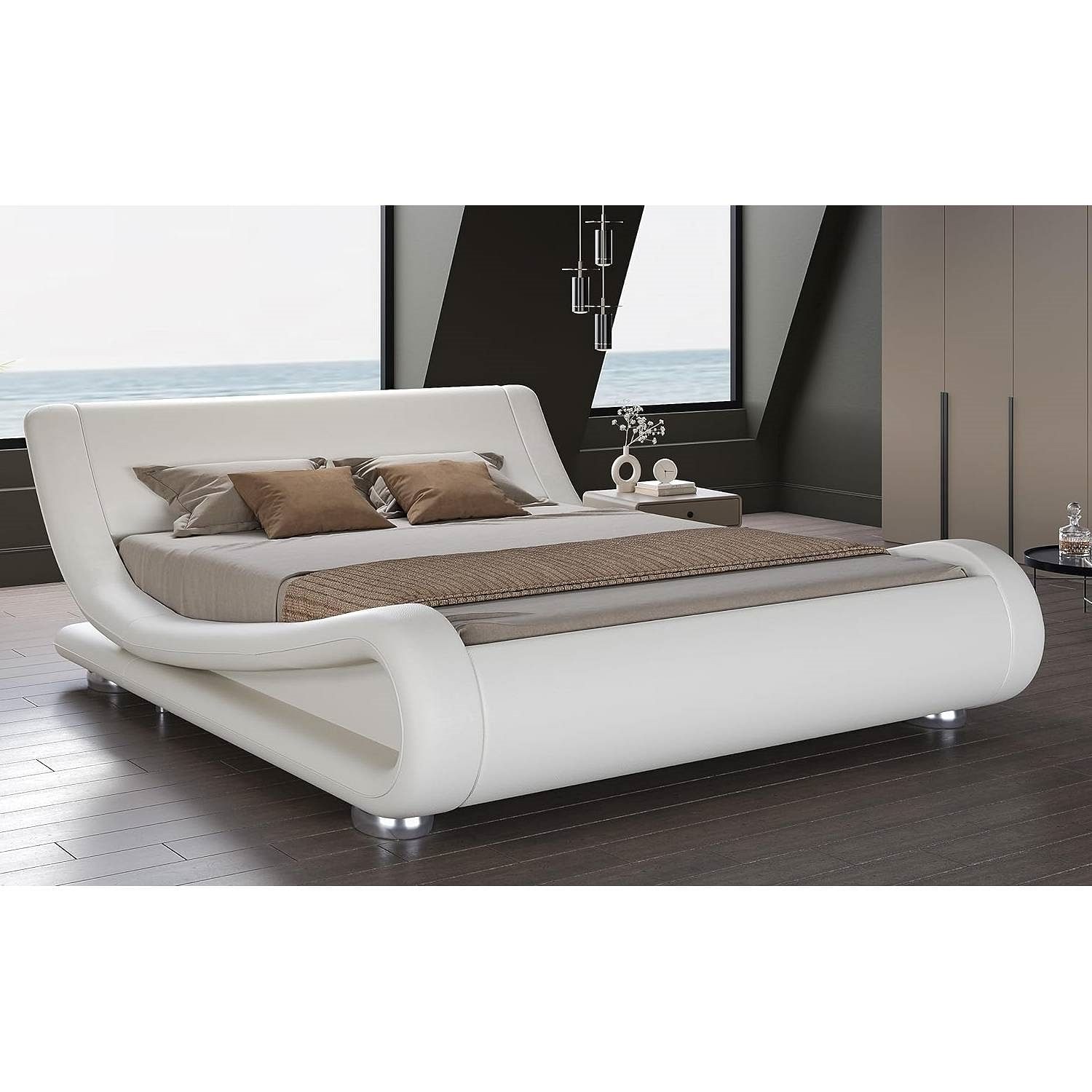 King Modern White Upholstered Platform Bed Frame with Sleigh Curved Headboard - Free Shipping