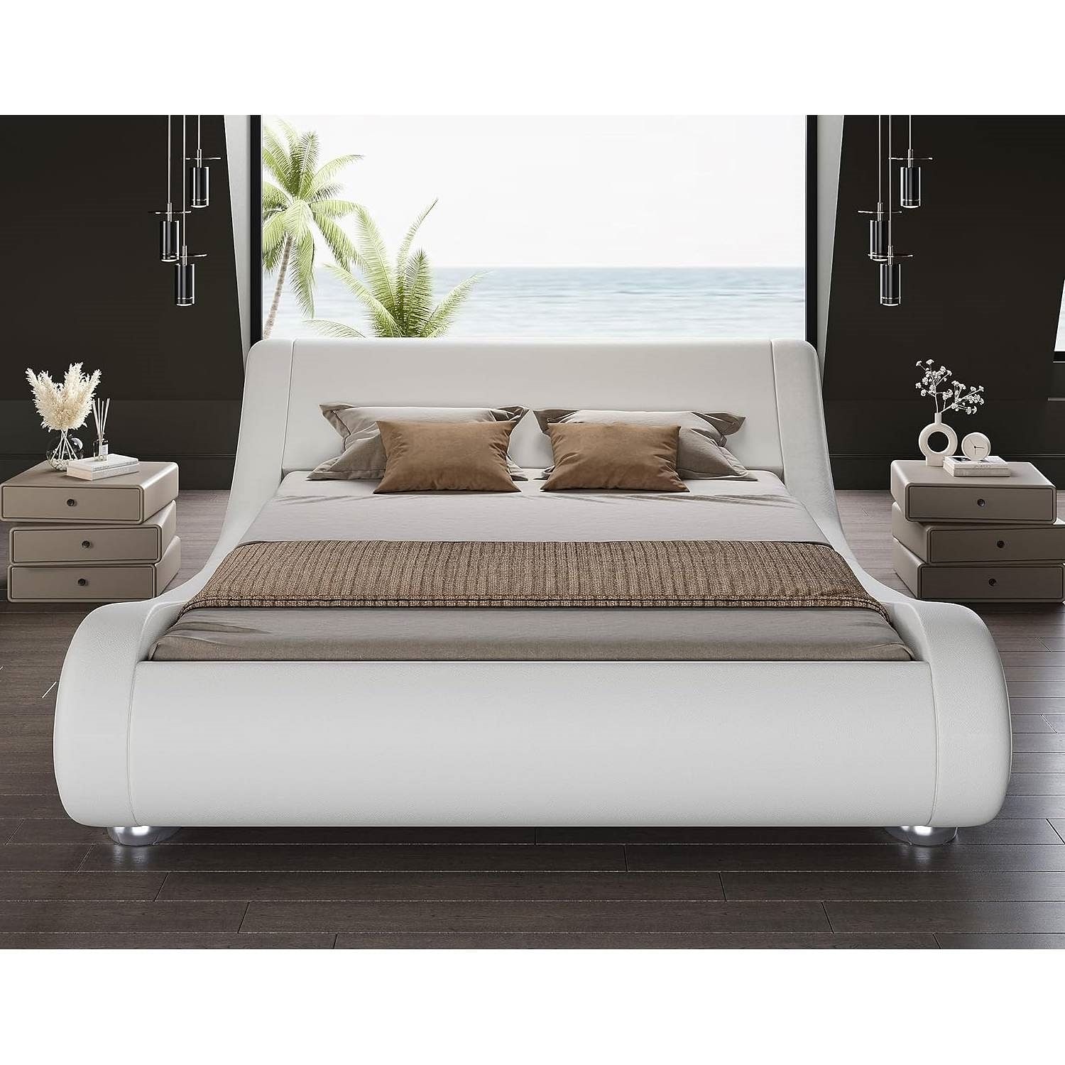 King Modern White Upholstered Platform Bed Frame with Sleigh Curved Headboard - Free Shipping