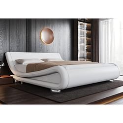King Modern White Upholstered Platform Bed Frame with Sleigh Curved Headboard - Free Shipping