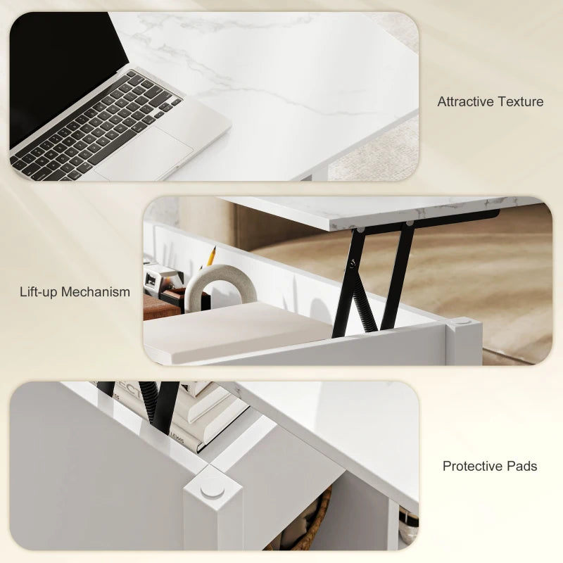 Lift Top Coffee Table, Modern Center Table with Storage Shelves and Hidden Compartment for Living Room, 41" L, White
