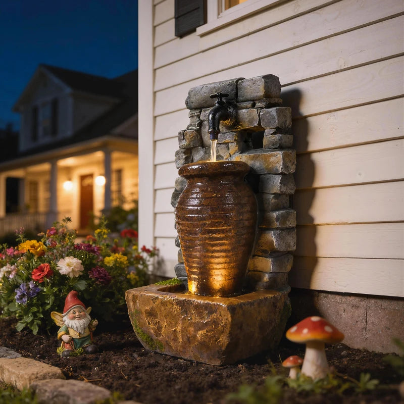 Outdoor Water Fountain Adjustable Water Flow Garden Fountain with LED Lights Rustic Urn Design