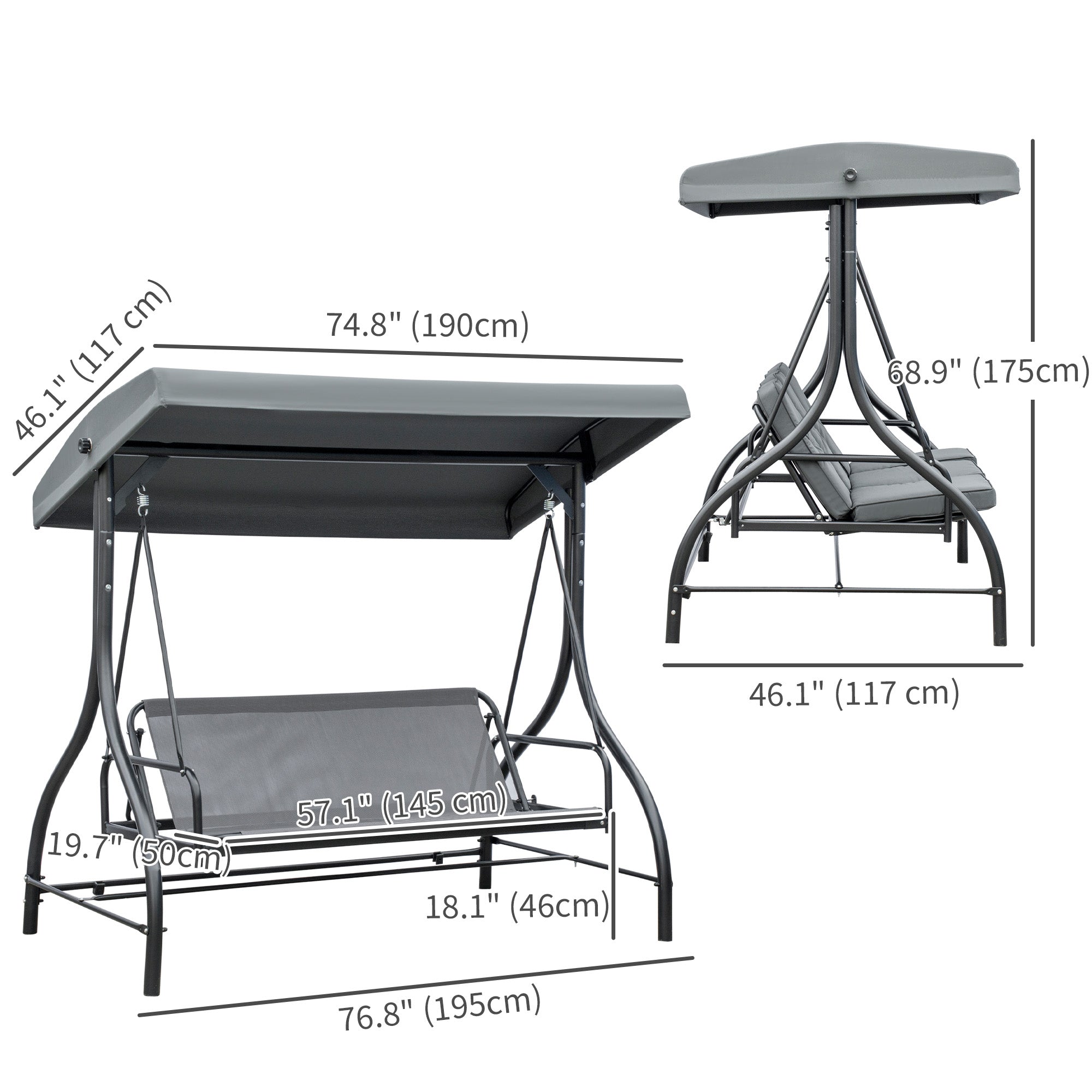 Outsunny Patio Swing Bed Convertible 3 Seater with Adjustable Canopy Cushions Dark Grey