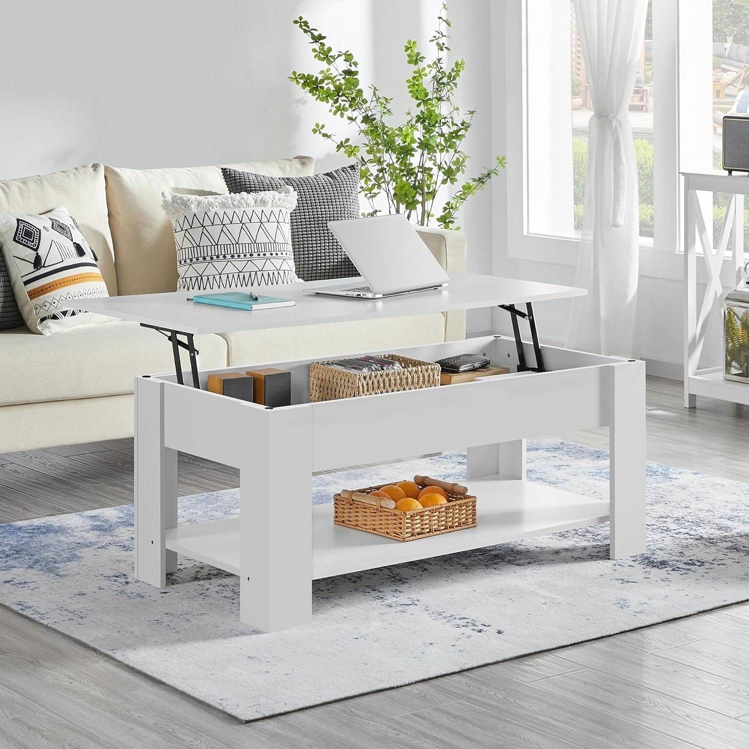 Lift-Top Coffee Table Laptop Desk TV Tray in White Wood Finish - Free Shipping